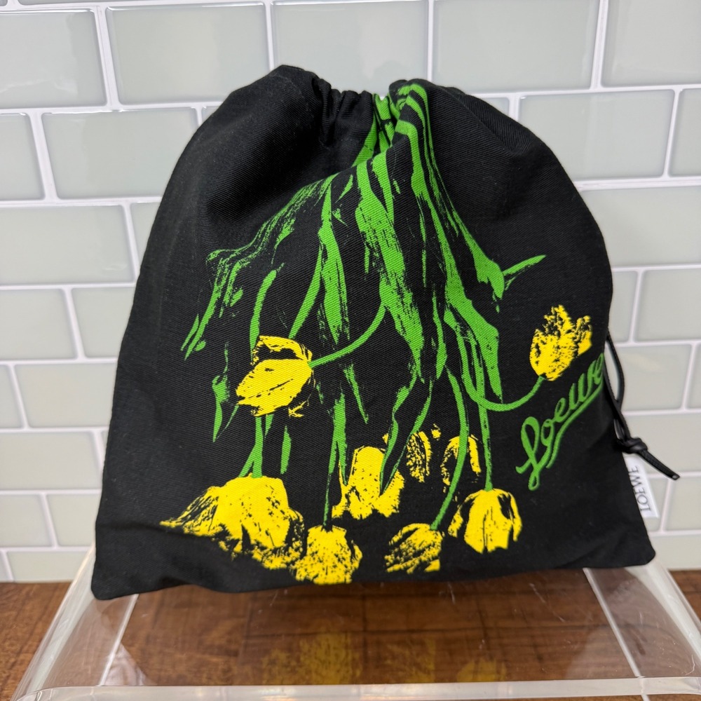 LOEWE Black Canvas Yellow Floral Tulip Drawstring Pouch Bag FLAWED - Picture 1 of 16